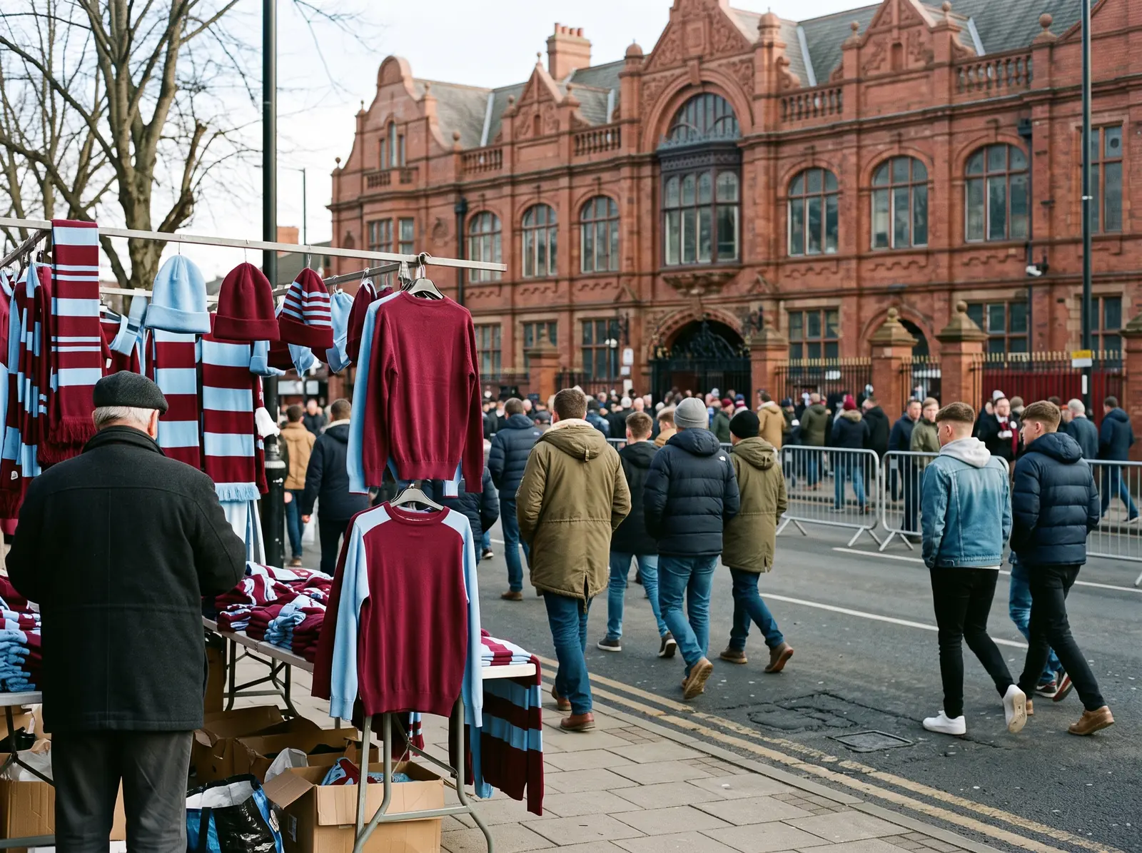Holte Ends tegelfasad på Villa Park med ett halsduksstånd framför