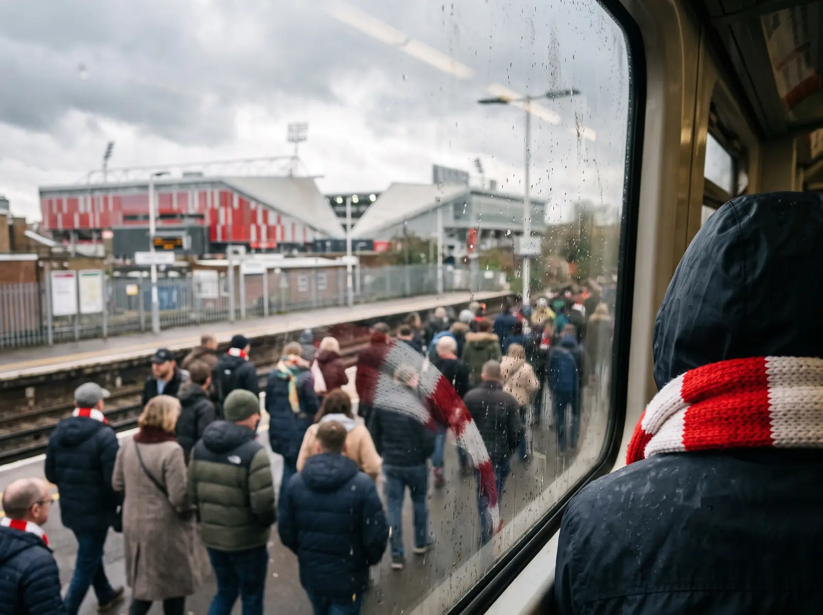 Brentfords arena vid järnvägen, sedd genom ett regnigt tågfönster