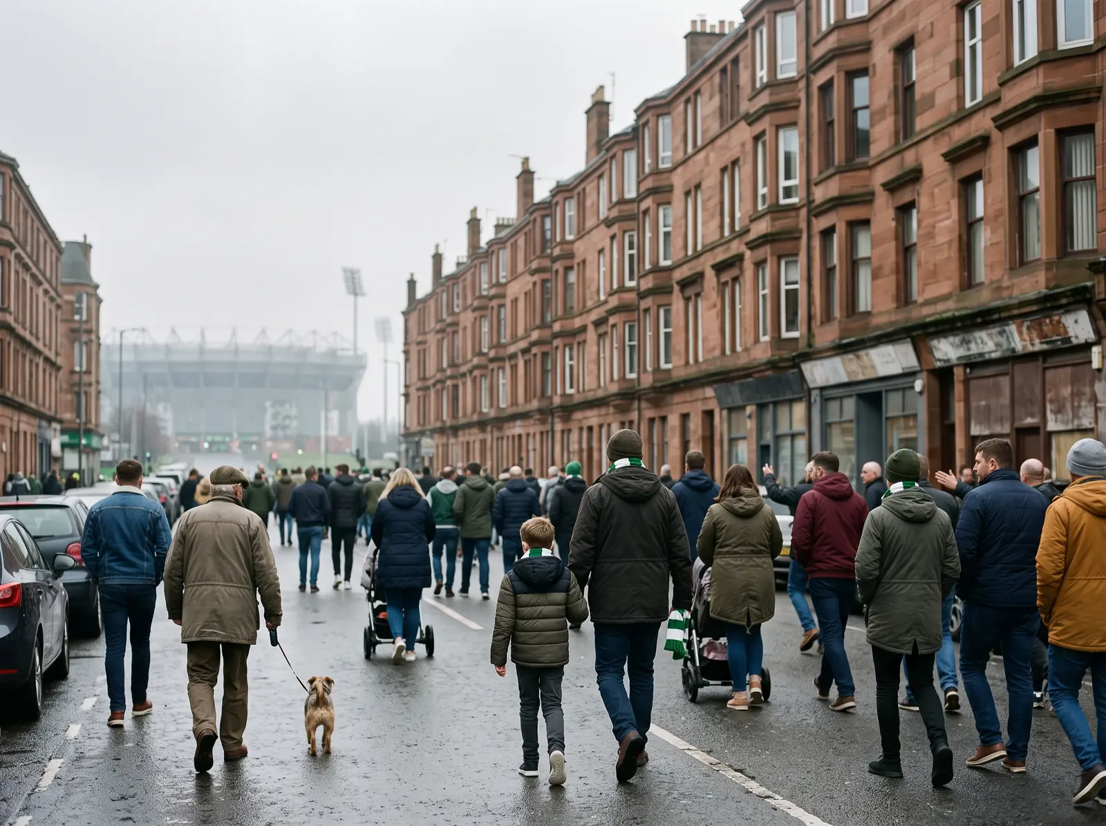 Supportrar på en gata med sandstenshus i östra Glasgow en matchdag