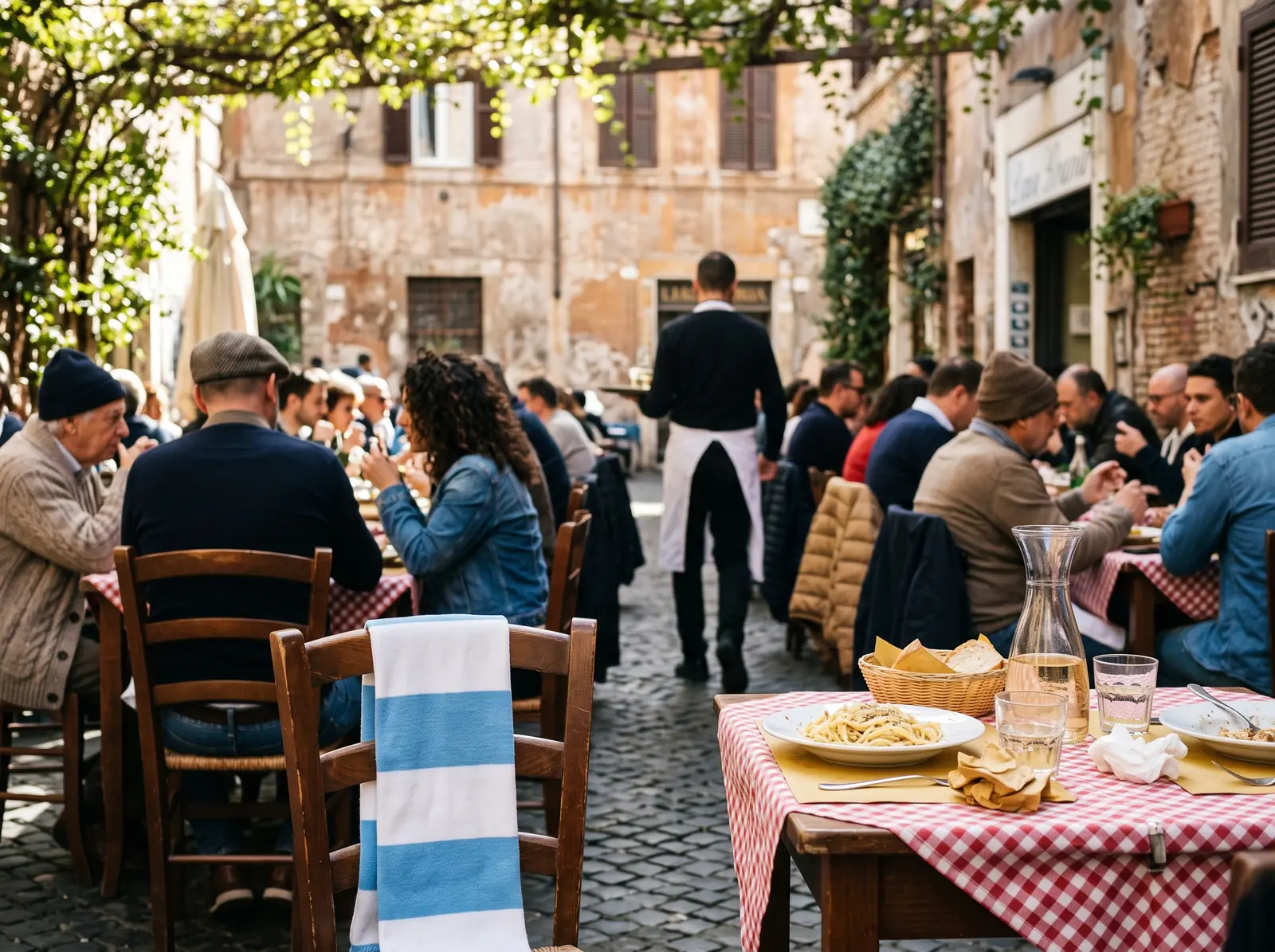 Lunch på en trattoria i Rom med en halsduk i himmelsblått och vitt över stolen