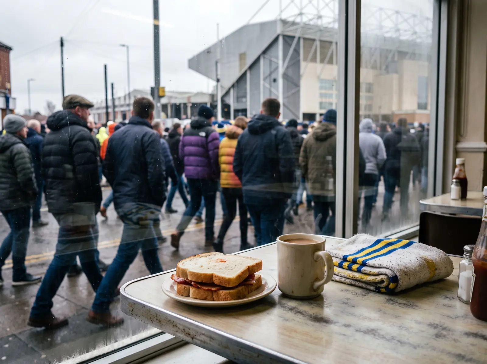 Te och baconmacka på ett kafé vid Elland Road en matchdagsmorgon