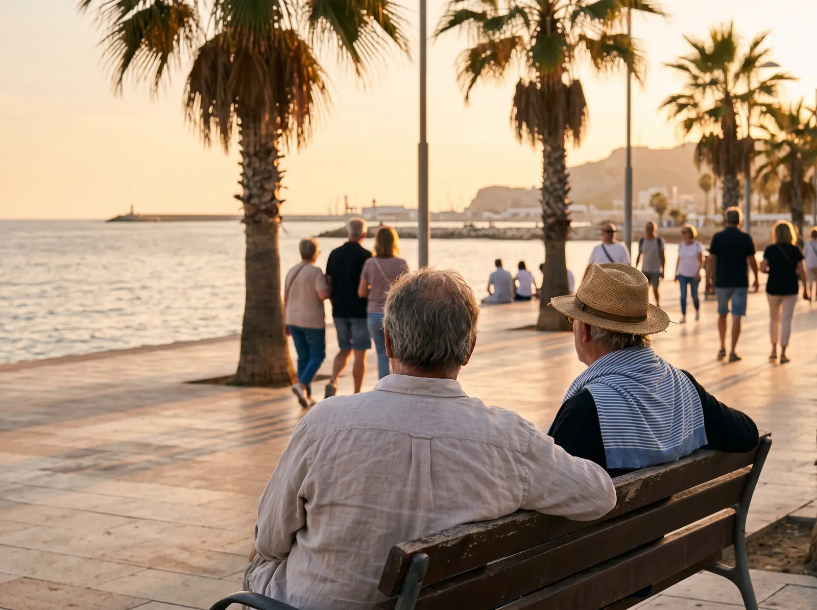 Två vänner på en bänk vid strandpromenaden i Málaga i solnedgången