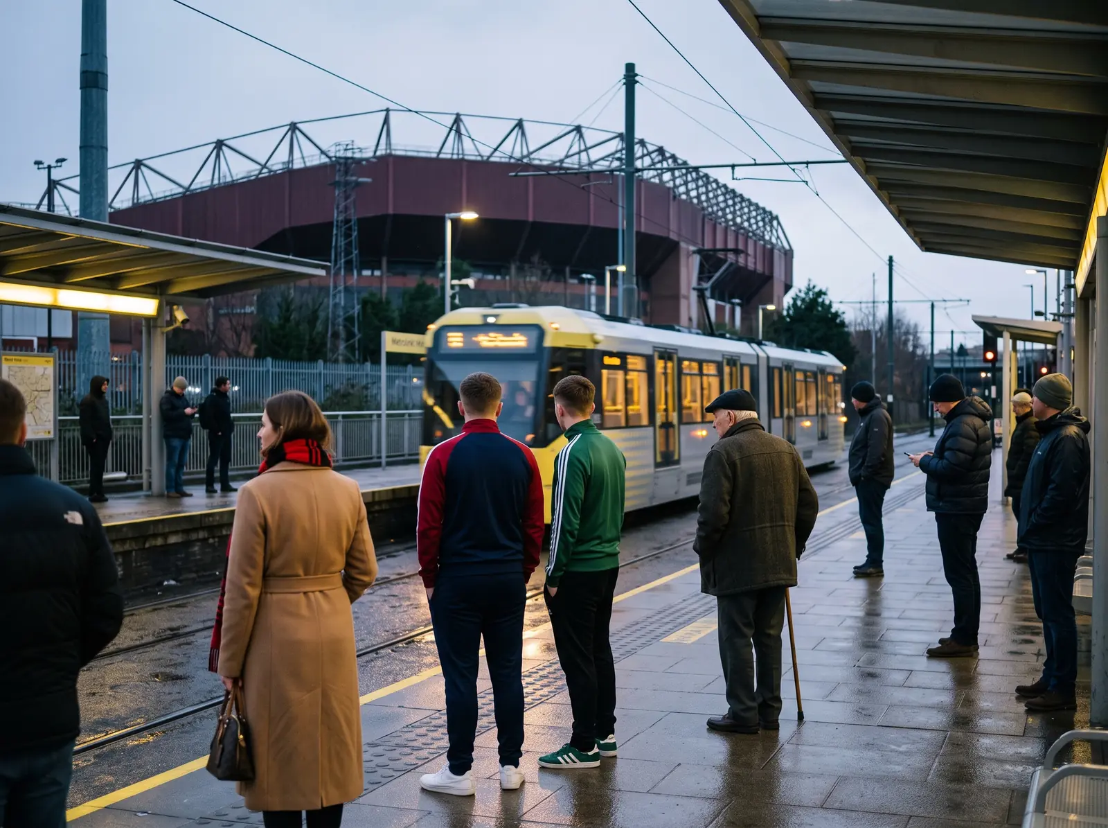 Supportrar väntar på hållplatsen vid Old Trafford medan spårvagnen går