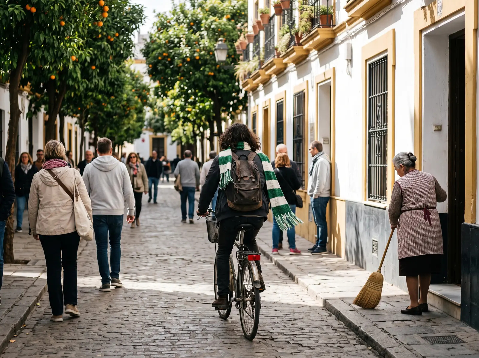 En cyklist med grönvit halsduk på en gata kantad av apelsinträd i Sevilla