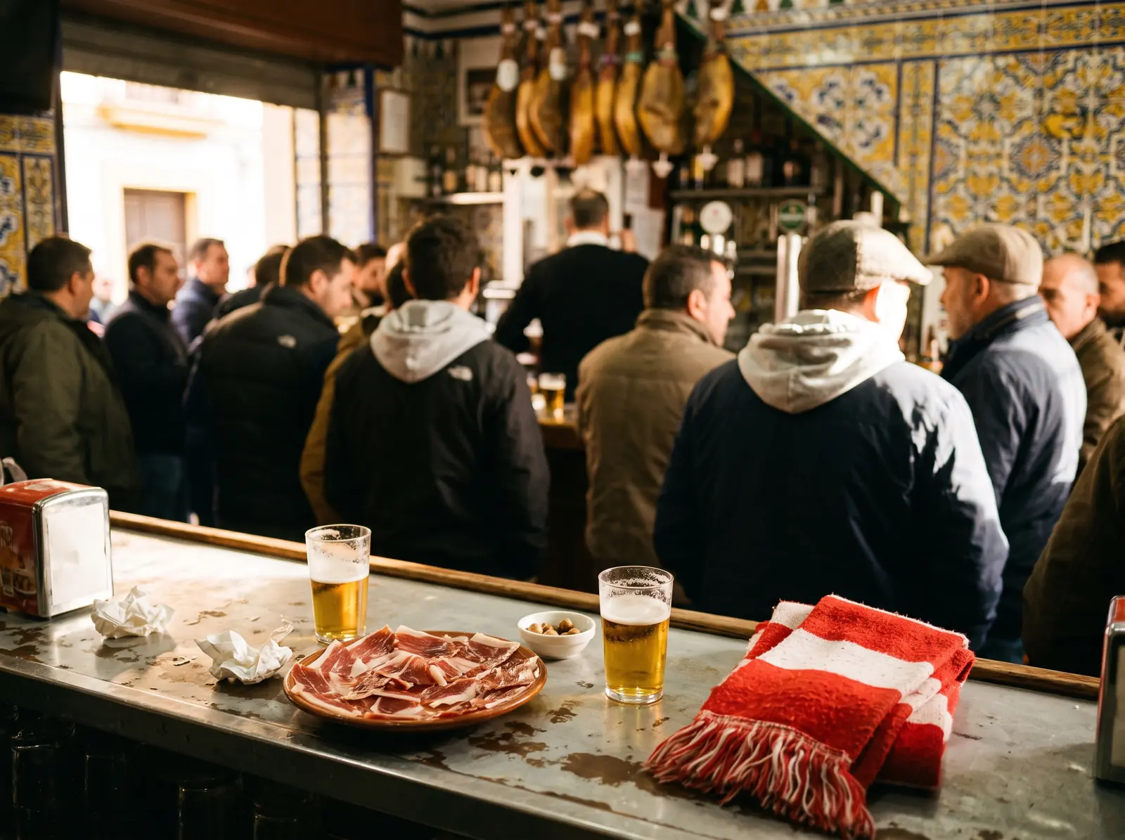 Tapas, öl och en halsduk i vitt och rött på en bardisk i Sevilla