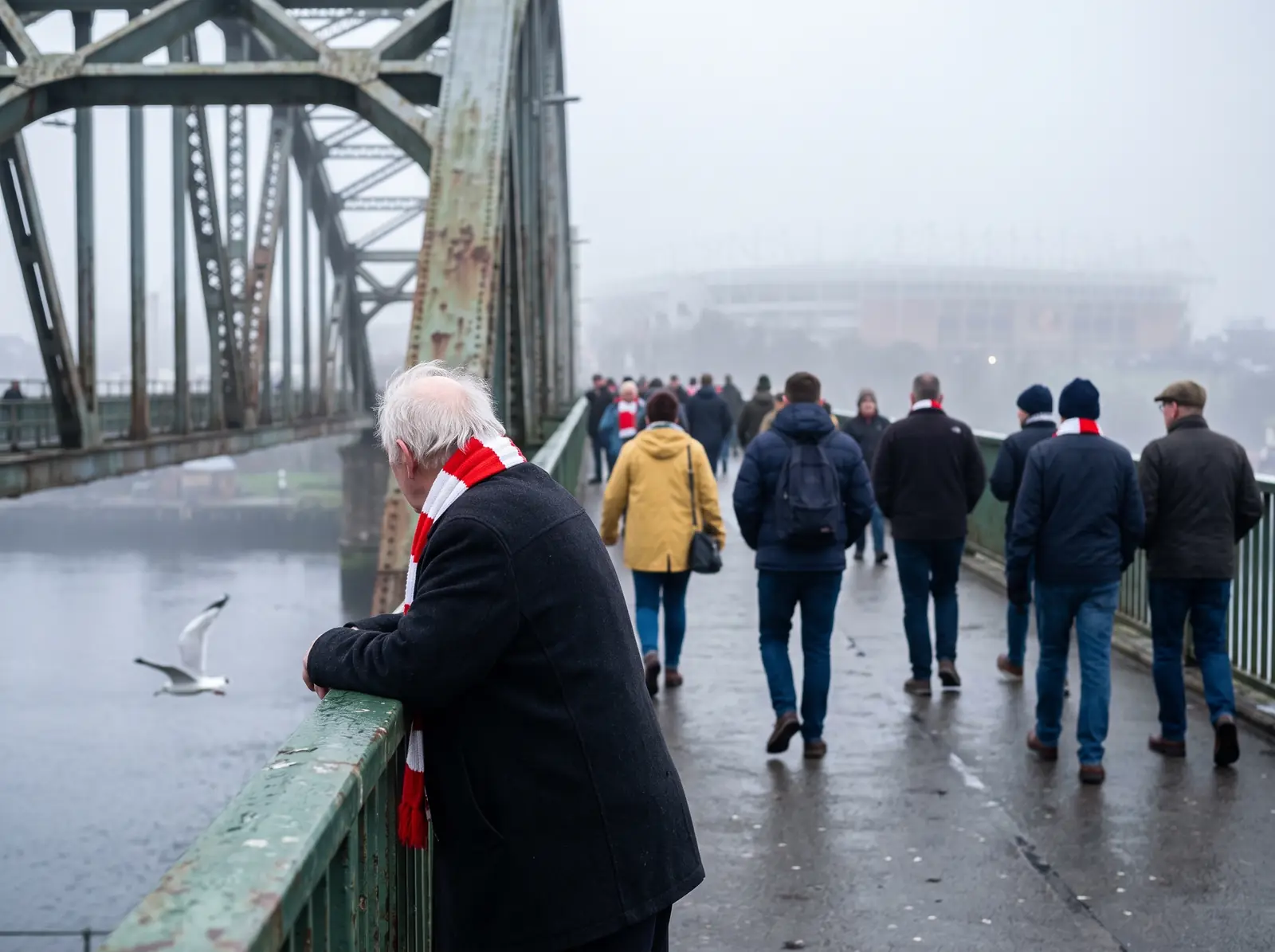 En supporter lutar sig mot Wearmouth Bridge och ser ut över floden Wear
