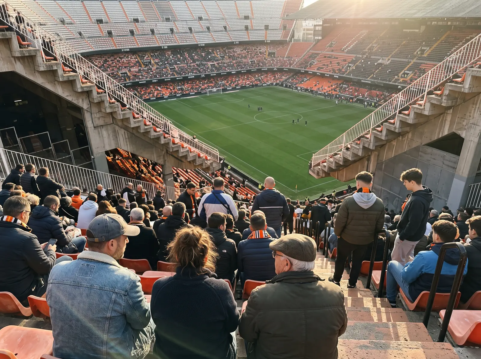 Utsikt från den branta övre läktaren på Mestalla ner mot planen