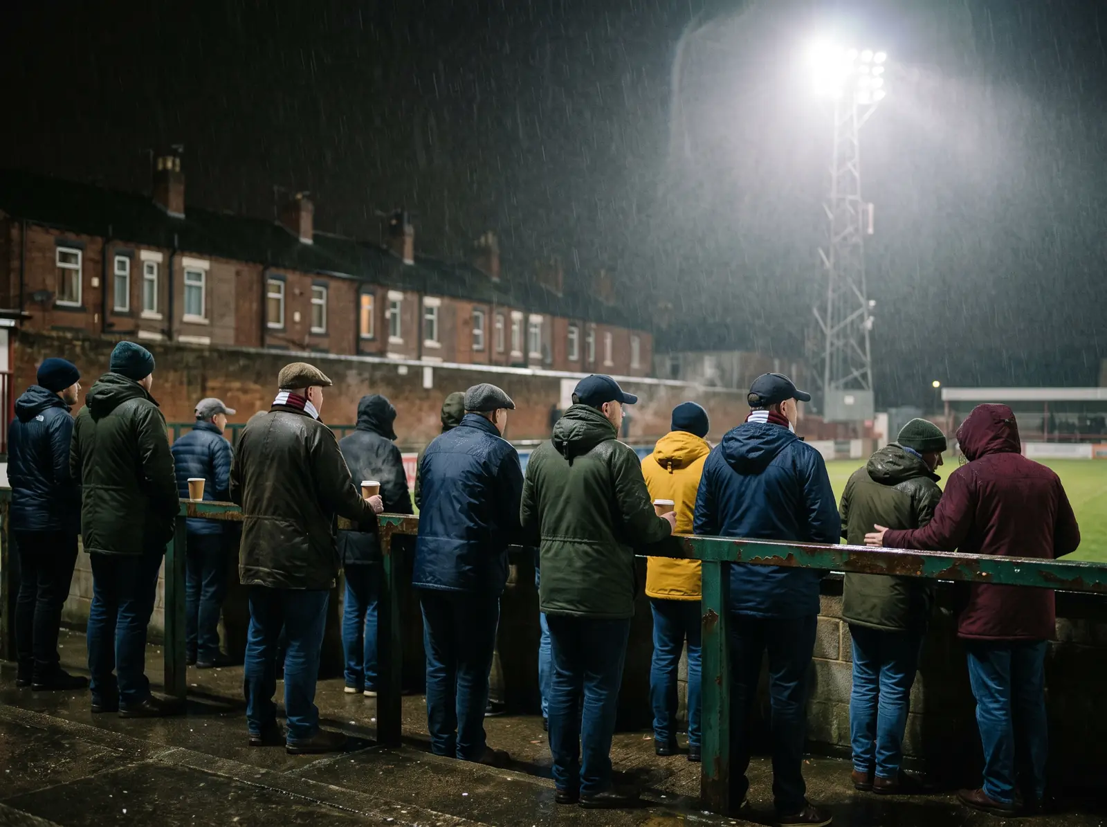 Supportrar på en ståplatsläktare en regnig kväll i England