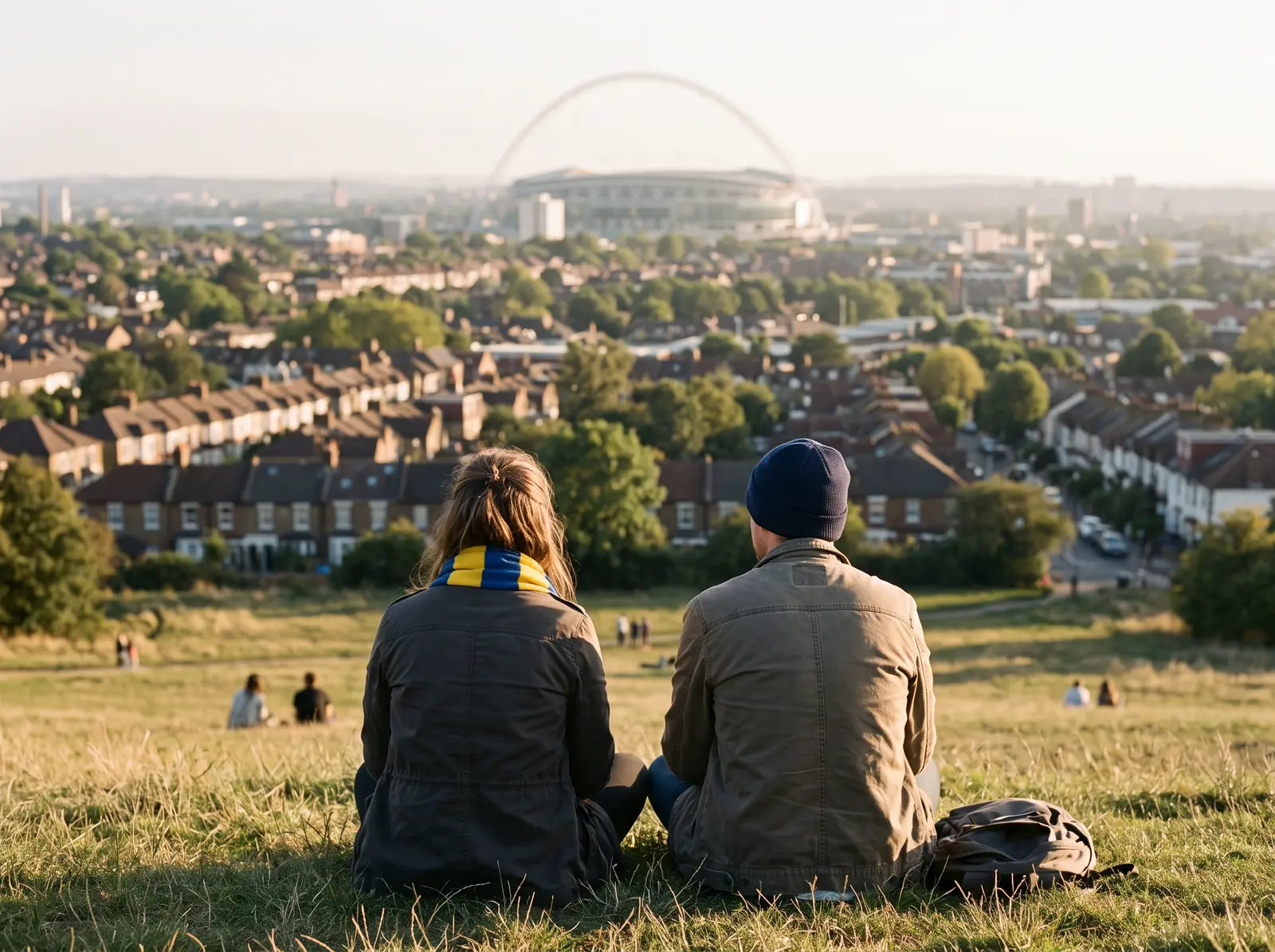 Två svenska supportrar ser ut mot Wembleys båge över norra London