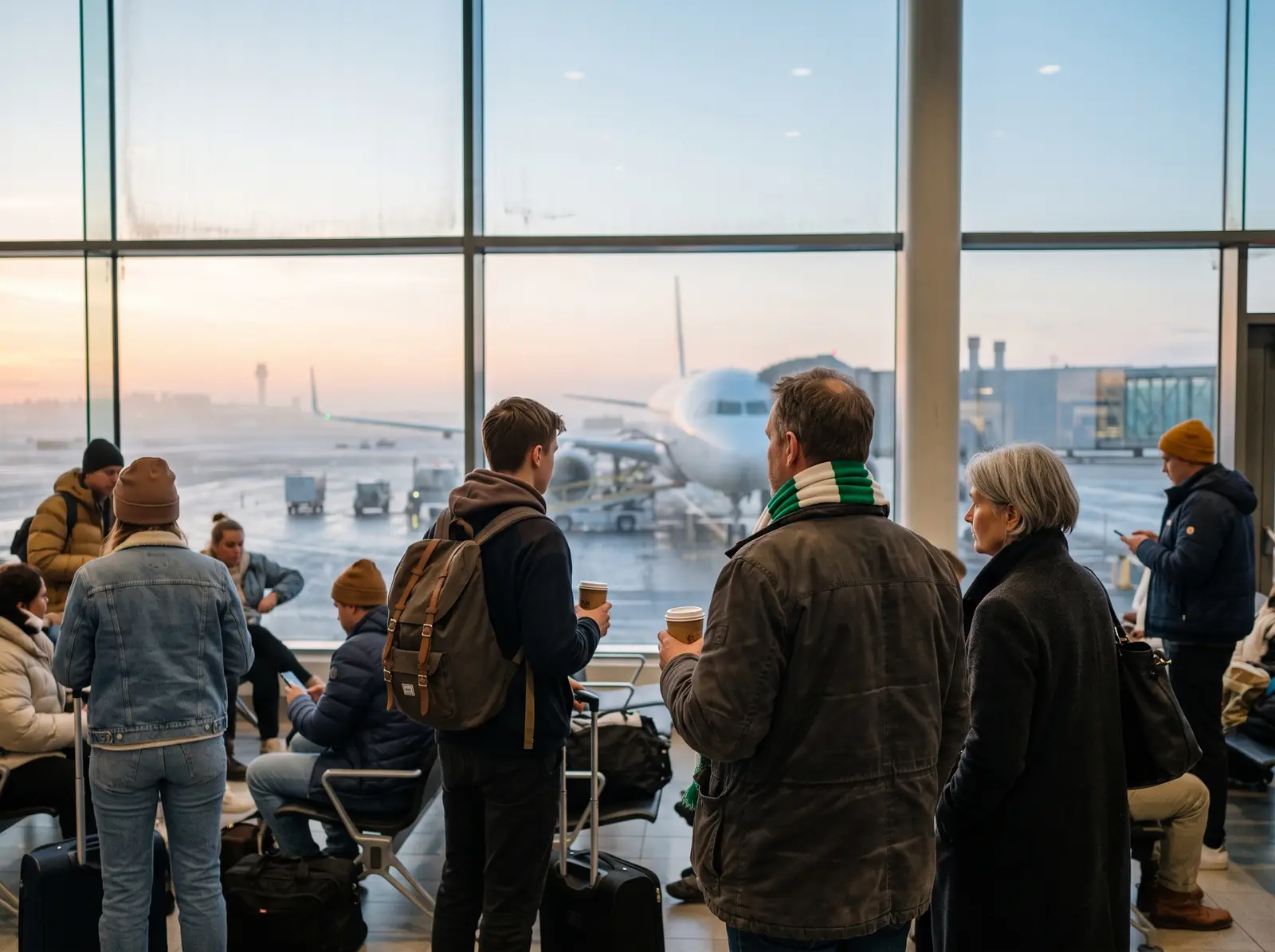 Resenärer vid gaten på en svensk flygplats en tidig morgon