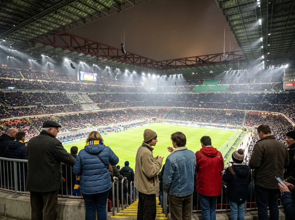 En fullsatt arena i strålkastarljus sedd från översta raden