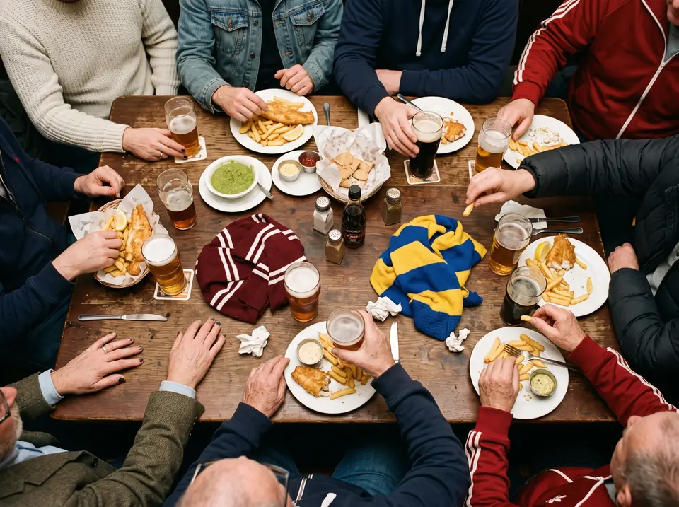 Ett sällskap delar fish and chips runt ett pubbord