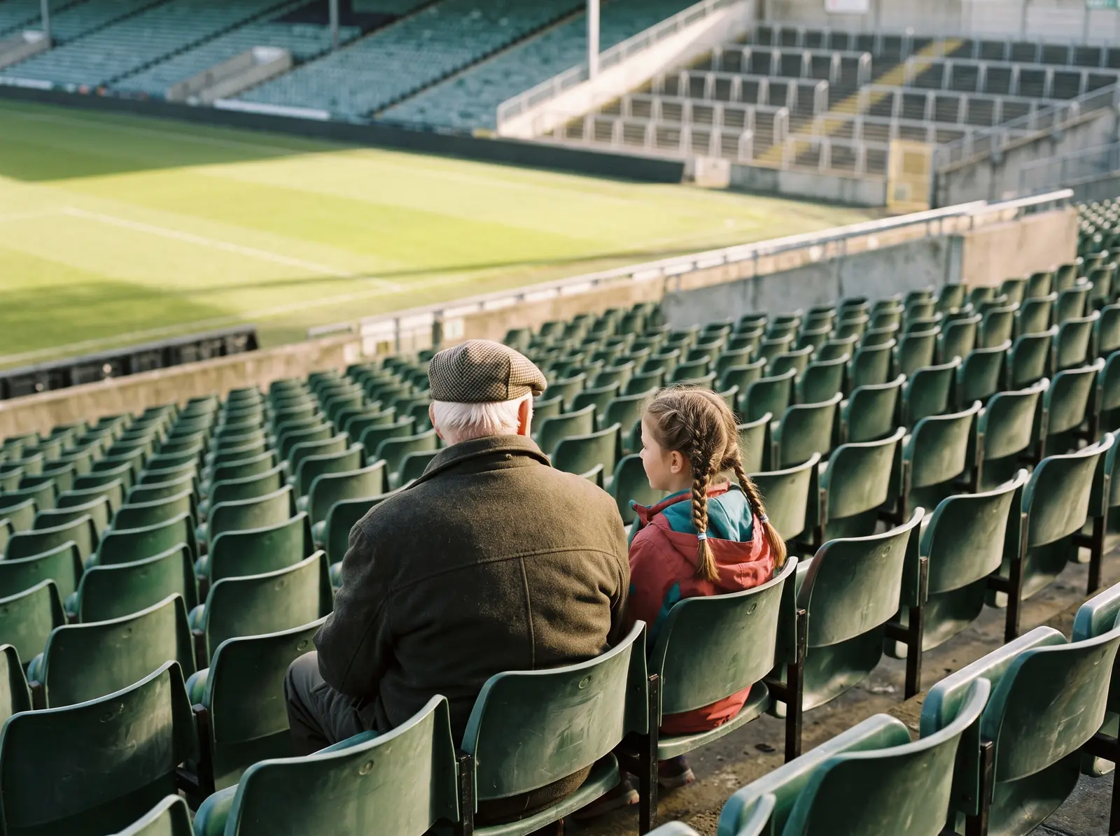 En morfar och hans barnbarn ser ut över en tom, solbelyst arena innan grindarna öppnar